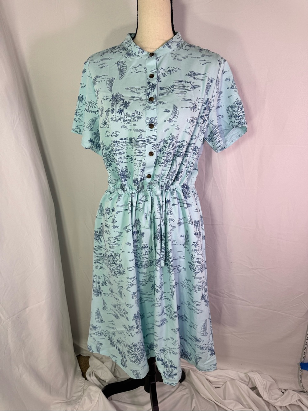 Lands End Midi Dress M Blue Coastal Print Button Front Tie Waist NWOT